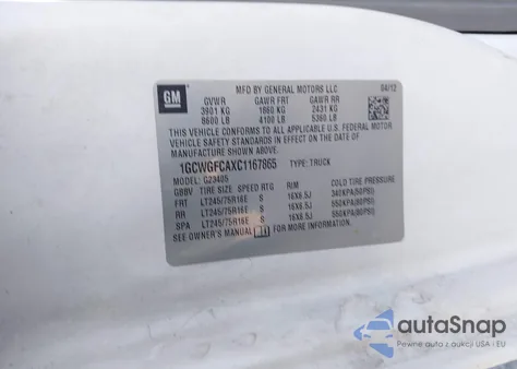 2012 Chevrolet Express 2500 Work Van z USA, uszkodzony, nr VIN 1GCWGFCAXC1167865